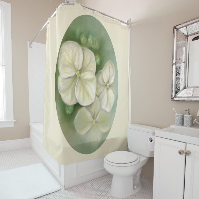 Soft Cream White Pastel Hydrangea Floral Shower Curtain (In Situ)