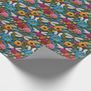 Soft Crochet Look Florals And Dragonflies Wrapping Paper