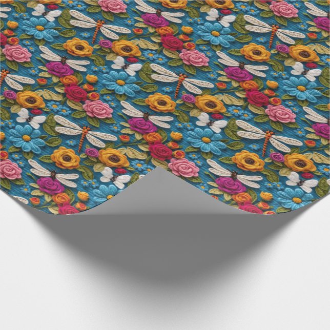 Soft Crochet Look Florals And Dragonflies Wrapping Paper (Corner)