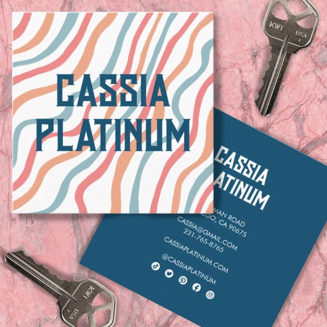 Soft Curves Blue Pink Minimalist Social Icons Square Business Card (Creator Uploaded)