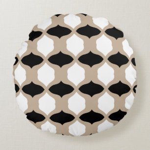 Soft Curves Pattern - Taupe, Black and White Round Cushion