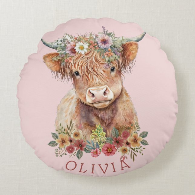 Soft Customisable Pink Highland Cow Design Floral Round Cushion (Front)