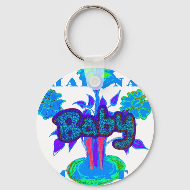 Soft Cyan Blue Flower Art: A Baby's Touch.  Key Ring (Front)