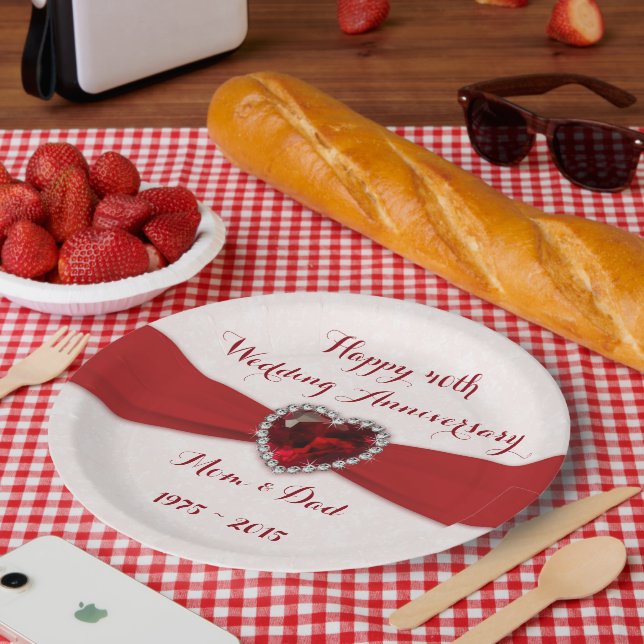 Soft Damask 40th Wedding Anniversary Paper Plate (Picnic)