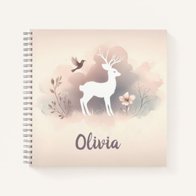  Soft Deer & Bird Silhouette Minimalist Name Notebook (Front)