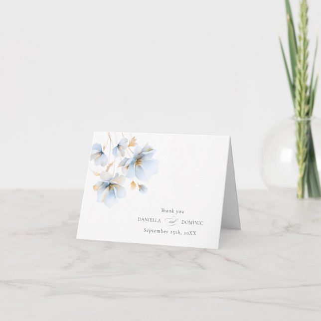 Soft Delicate Dusty Blue Gold Wildflowers Wedding Thank You Card (Front)