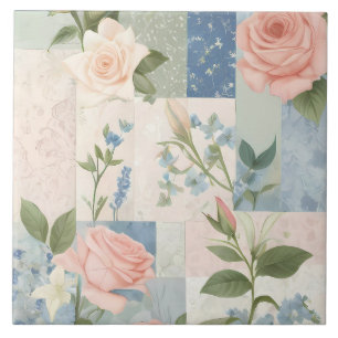 Soft Delicate Floral Pink And Blue Patchwork Ceramic Tile