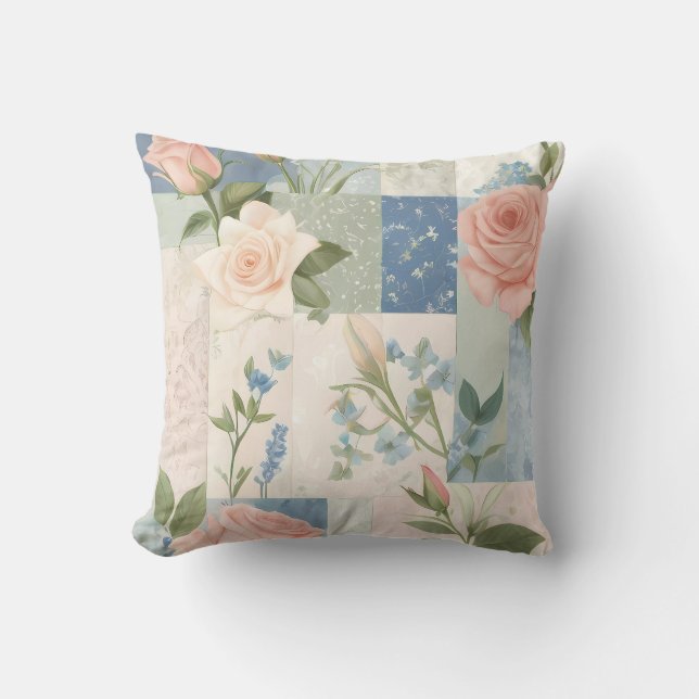 Soft Delicate Floral Pink And Blue Patchwork Cushion (Front)