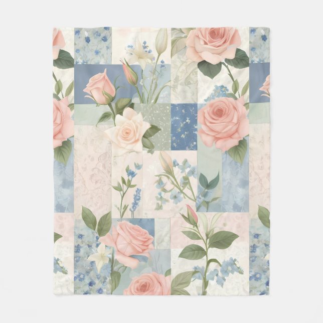 Soft Delicate Floral Pink And Blue Patchwork Fleece Blanket (Front)
