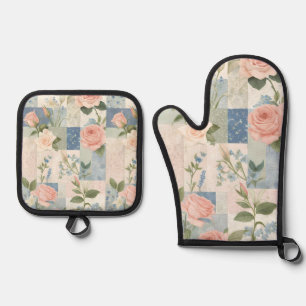 Soft Delicate Floral Pink And Blue Patchwork Oven Mitt & Pot Holder Set