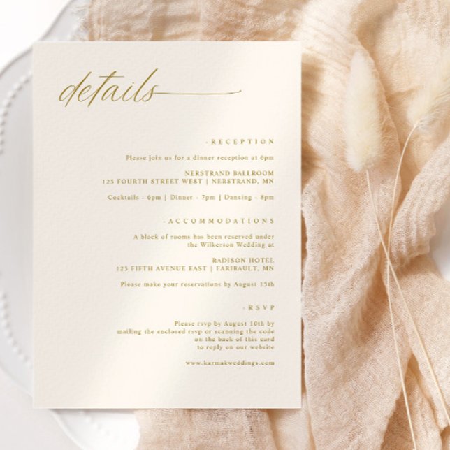 Soft Delicate Romantic Gold Cream Wedding Details Enclosure Card (Wedding details card - soft, romantic script - elegant, classy and sophisticated. Simple elegant)