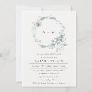 Soft Dusky Blue Floral Wreath Engagement Invite