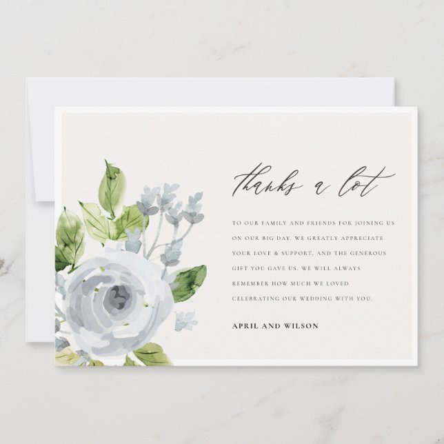 Soft Dusky Blue Watercolor Floral Thank You Card (Front)