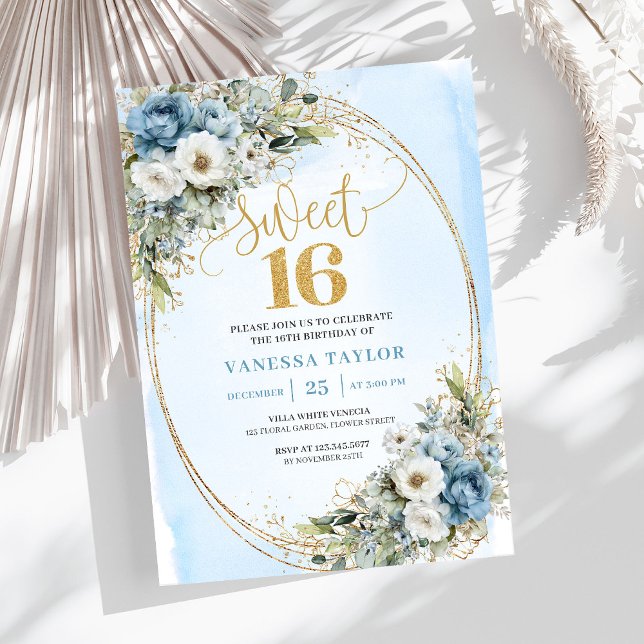 Soft Dusty Blue Floral Gold Sweet Sixteen Invite (Soft Dusty Blue Floral Gold Sweet Sixteen Invitation)