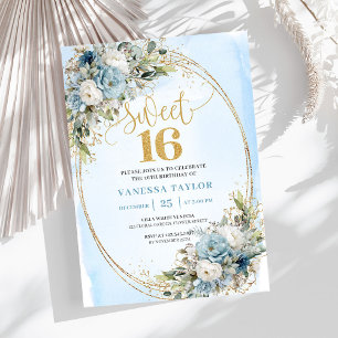 Soft Dusty Blue Floral Gold Sweet Sixteen Invite