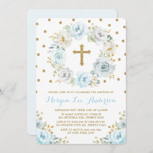 Soft Dusty Blue Gold Floral Baptism Christening Invitation