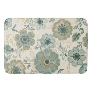 Soft Dusty Blue Sage Green Beige Farmhouse Floral Bath Mat