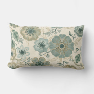 Soft Dusty Blue Sage Green Beige Farmhouse Floral Lumbar Cushion