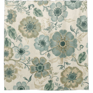 Soft Dusty Blue Sage Green Beige Farmhouse Floral Shower Curtain