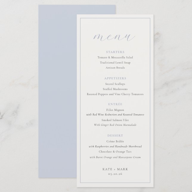 Soft Dusty Blue Wedding Menu (Front/Back)