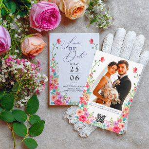 Soft Dusty Pink & Peach Watercolor QR Code Wedding Save The Date