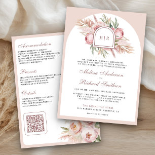 Soft Dusty Rose Pink Floral Pampas QR Code Wedding Invitation