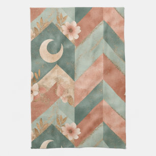 Soft Earth Toned Floral Chevron with Moons Tea Towel
