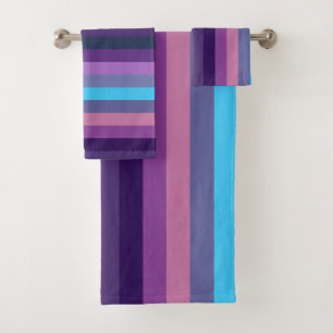 Soft Eclectic Blue-Purple Muted Stripe Pattern Bath Towel Set