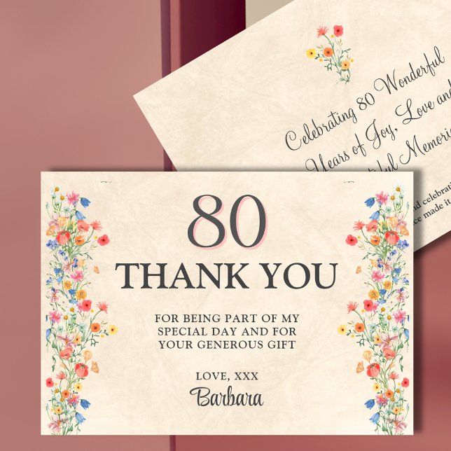 Soft Elegant 80th Birthday Party Floral 80 Thank You Card (Creator Uploaded)