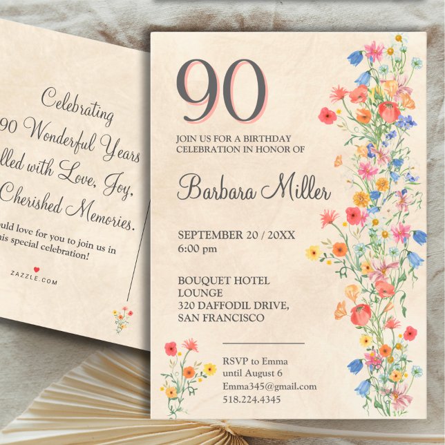 Soft Elegant 90th Birthday Party Floral 90 Years Invitation Postcard (Creator Uploaded)