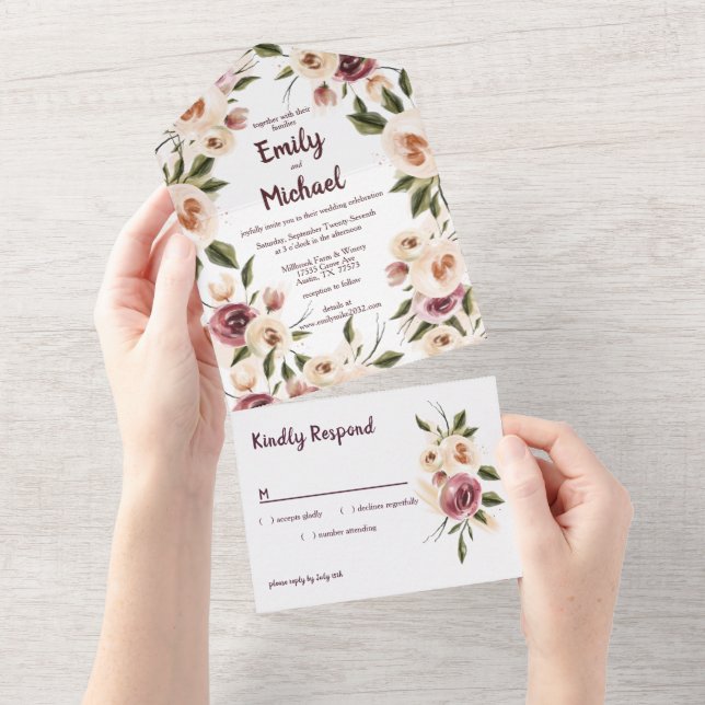 Soft Elegant Roses Burgundy Cream Frame All In One Invitation (Tearaway)