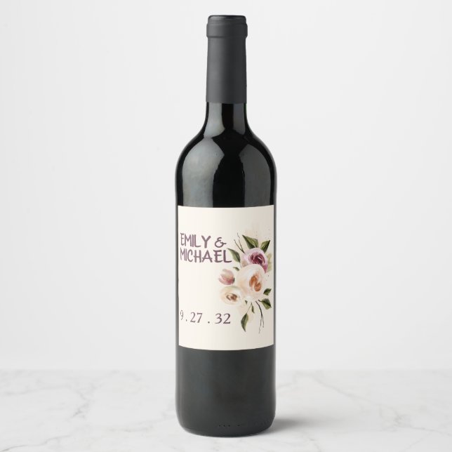 Soft Elegant Roses Burgundy Cream Frame Wine Label (Front)