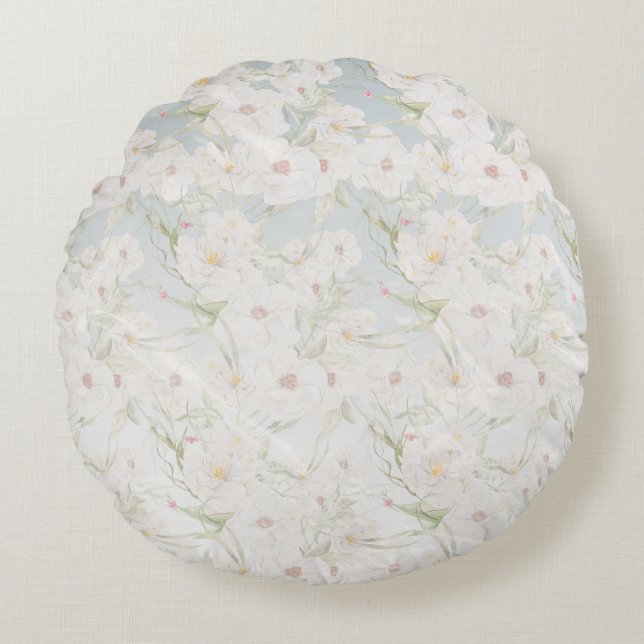 Soft Elegant White Floral Pattern Round Cushion (Front)