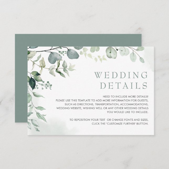 Soft Eucalyptus Greenery Garden Wedding Details Enclosure Card (Front/Back)