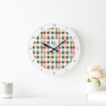 Soft Evergreen Gingham Monogram Large Clock<br><div class="desc">Elevate your home décor with a touch of timeless charm using the Soft Evergreen Gingham Monogram Large Clock. Featuring a classic gingham pattern in soft shades of evergreen, red, and cream, this stylish clock perfectly balances rustic elegance with modern flair. The customisable monogram at the centre allows you to add...</div>