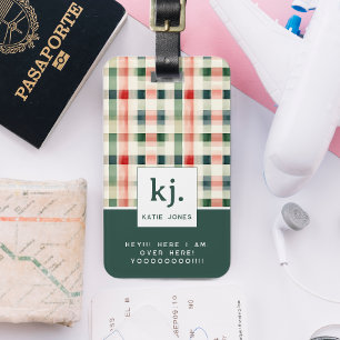 Soft Evergreen Gingham Monogram Luggage Tag