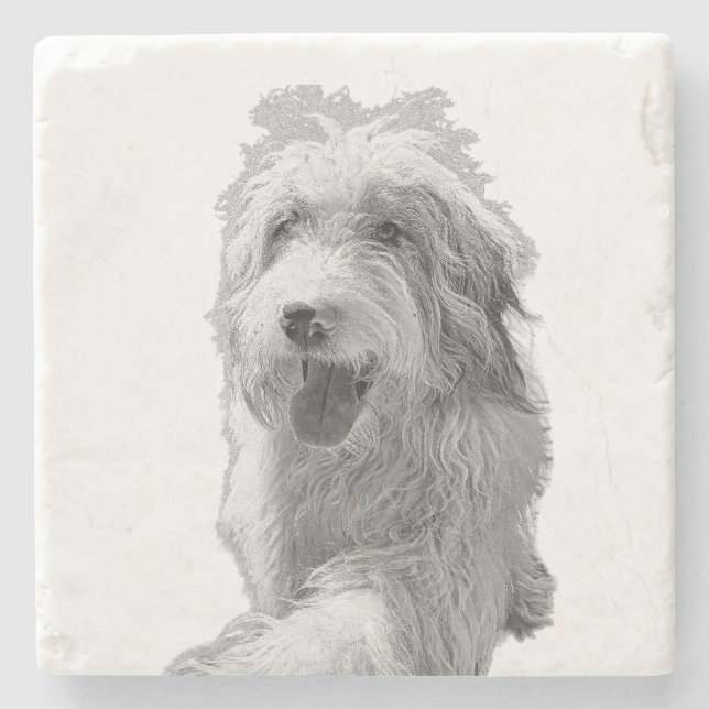 Soft Eyes, Solid Surface – Monochrome Dog Portrait Stone Coaster (Front)