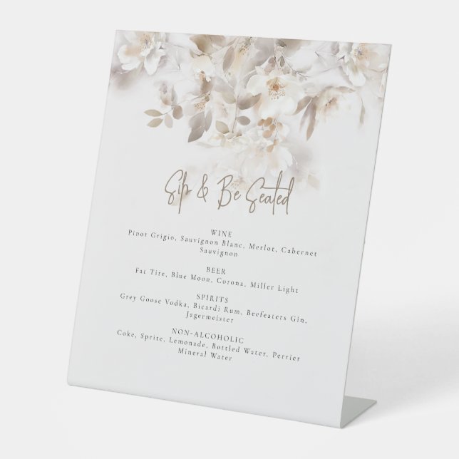 Soft Fall Leaves Sip and Be Seated Wedding Pedestal Sign (Front)