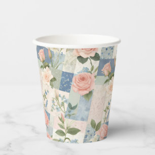 Soft Feminine Floral Pink And Blue Patchwork Paper Cups