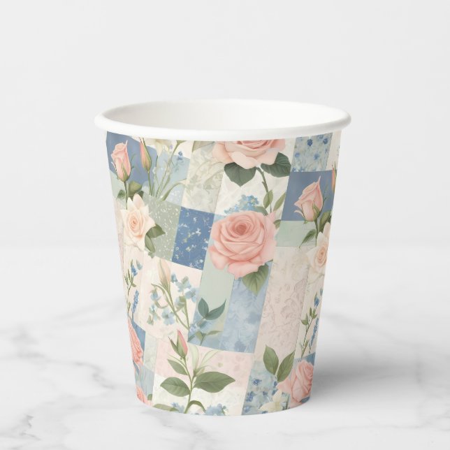 Soft Feminine Floral Pink And Blue Patchwork Paper Cups (Front)