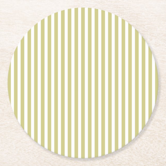 Soft Fern Green And White Cabana Stripe Pattern Round Paper Coaster (Front)