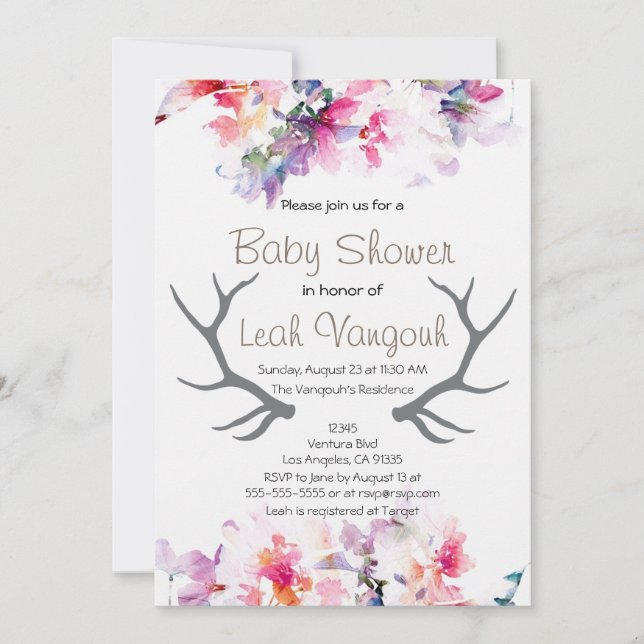 Soft Floral & Antler Baby Shower Invitation (Front)