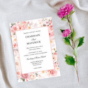 Soft Floral Blush Pink Leafy Wedding Invitation