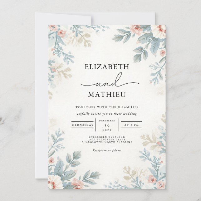 Soft Floral Botanical Flourish Wedding Invitation (Front)