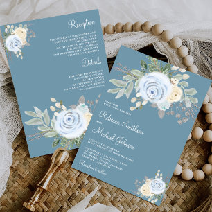 Soft Floral Bouquet Dusty Blue All in One Wedding Invitation