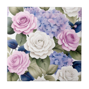 Soft Floral Elegant with Hydrangeas and Roses Ceramic Tile
