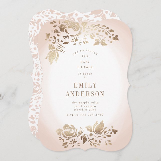 Soft Floral Foil Musk Pink Baby Shower Invitation (Front/Back)