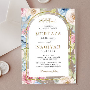 Soft Floral Gold Arch Muslim Wedding Acrylic Invitations