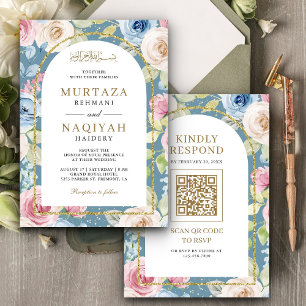 Soft Floral Gold Arch QR Code Blue Muslim Wedding Invitation