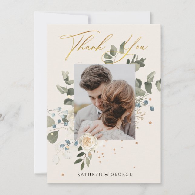 Soft Floral Gold Botanical Foliage Wedding Photo Thank You Card (Front)
